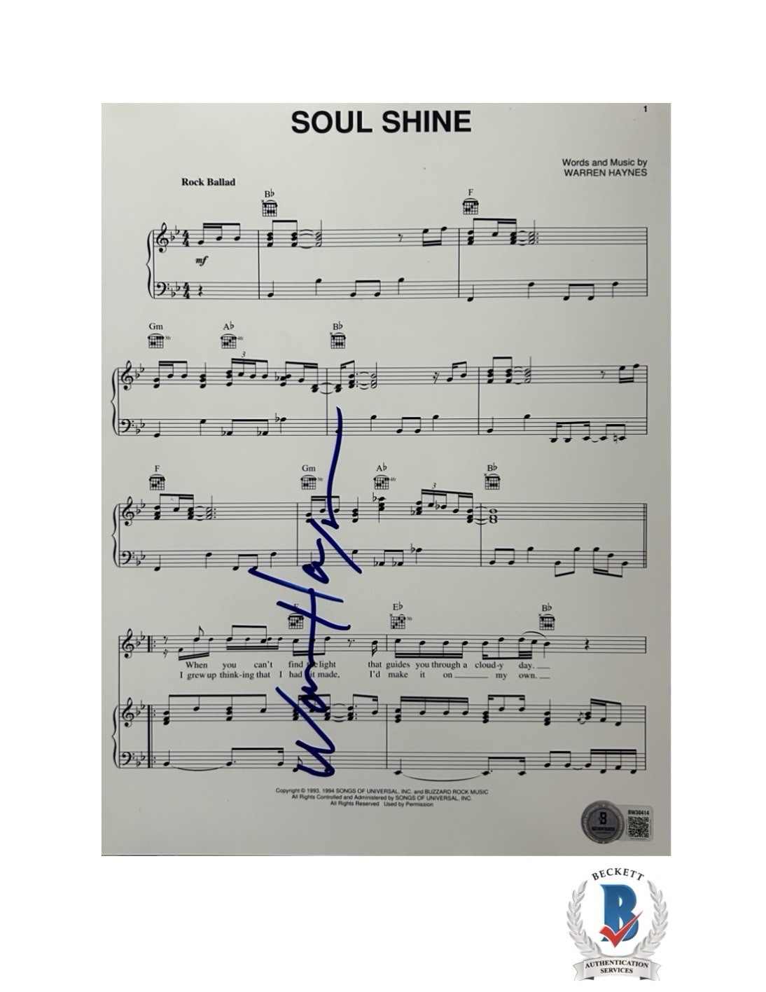Warren Haynes Signed Autograph Soul Shine Sheet Music Beckett COA