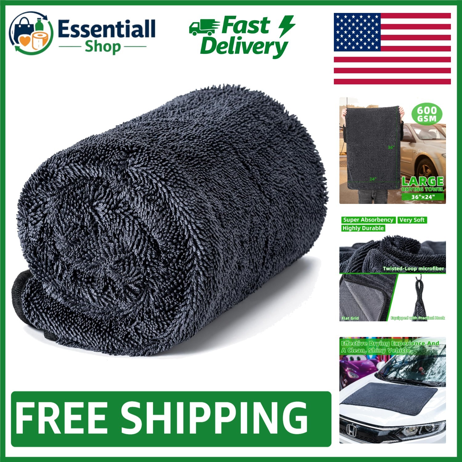 Large 36" x 24" Ultra-Absorbent Microfiber Car Drying Towel - Scratch-Free Shine