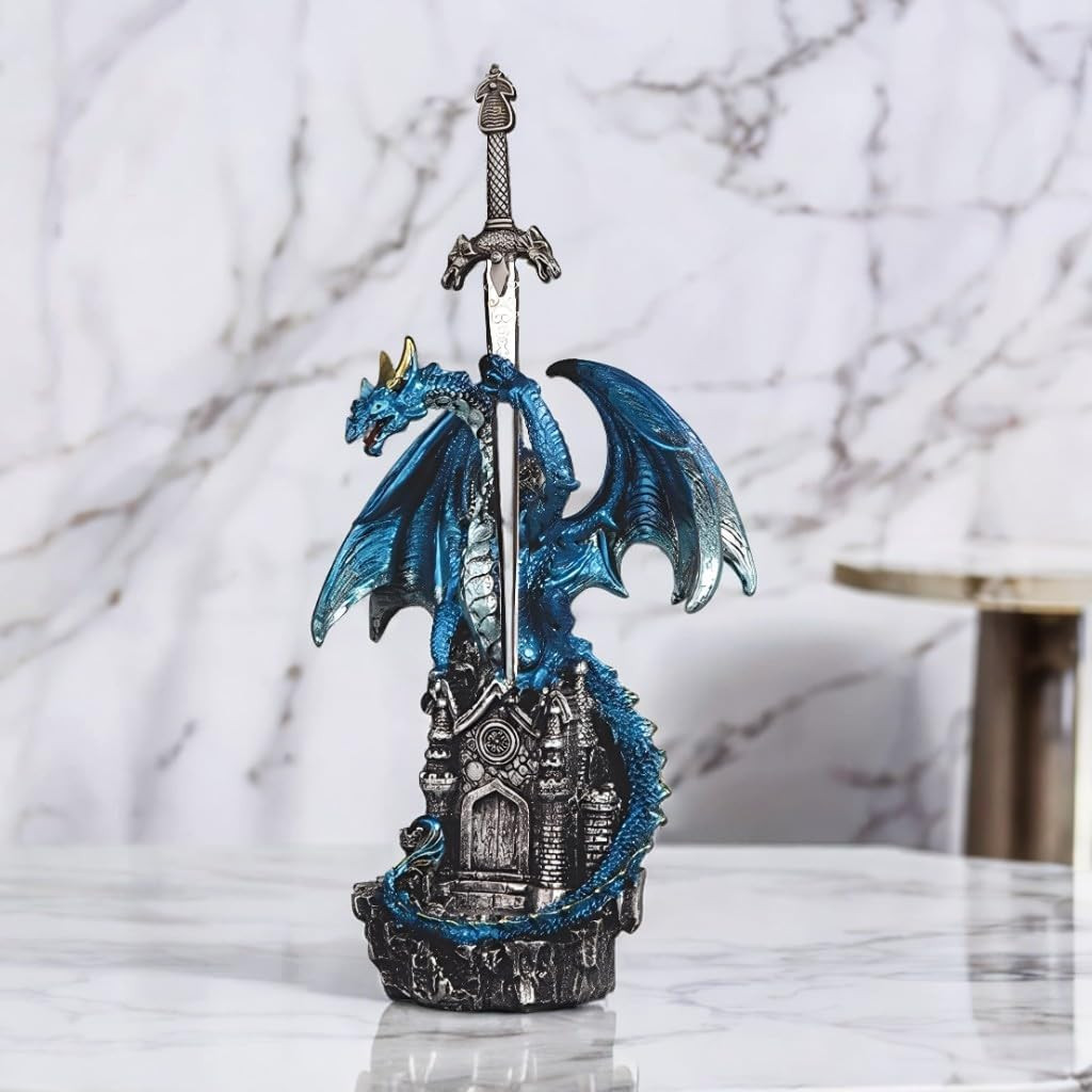 Hand Painted 7.5 H Blue Dragon with Treasure Box Figurine Statue Sculpture Ornam