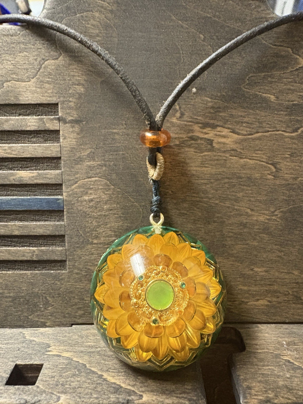 Vintage Floral Bead with Golden Accents - Comes With Free Leather Necklace