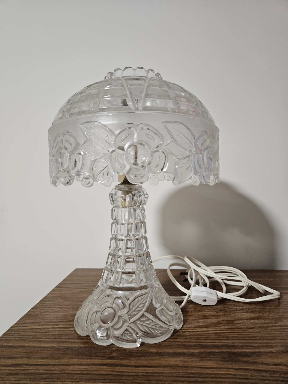 Clear Glass Floral Table Lamp with Dome Shade, Electric, Glossy Finish