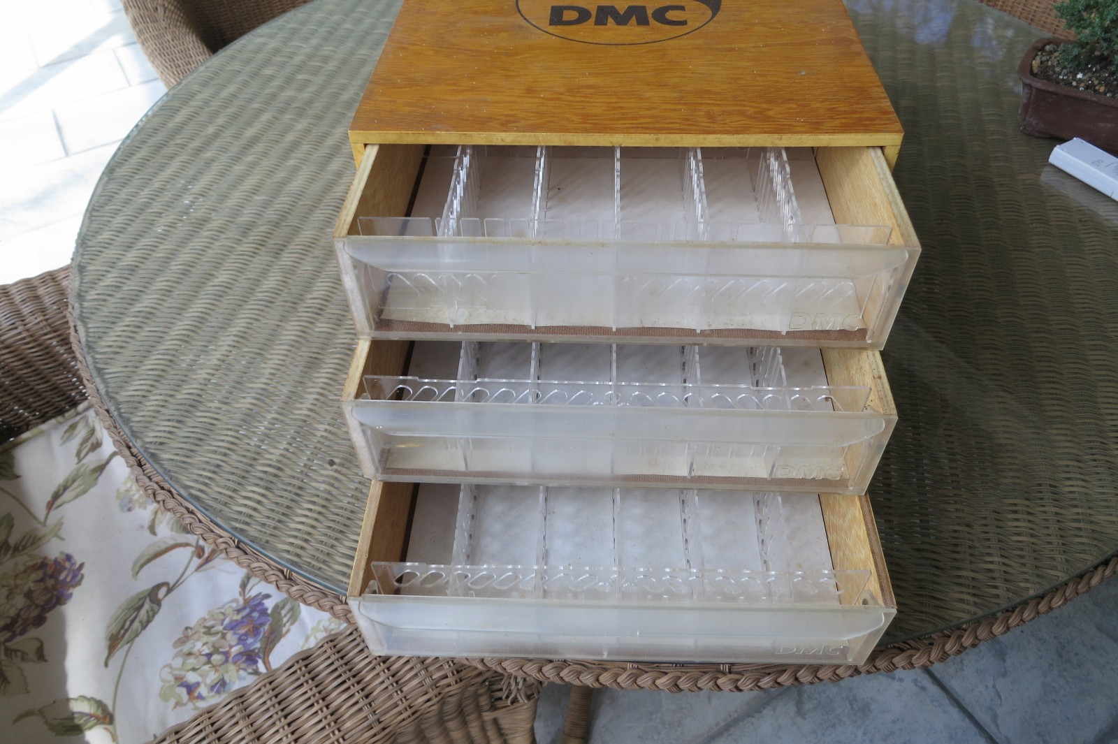 Vintage DMC Sewing Thread 3 Drawer Wood Cabinet: Store Display Chest collectible