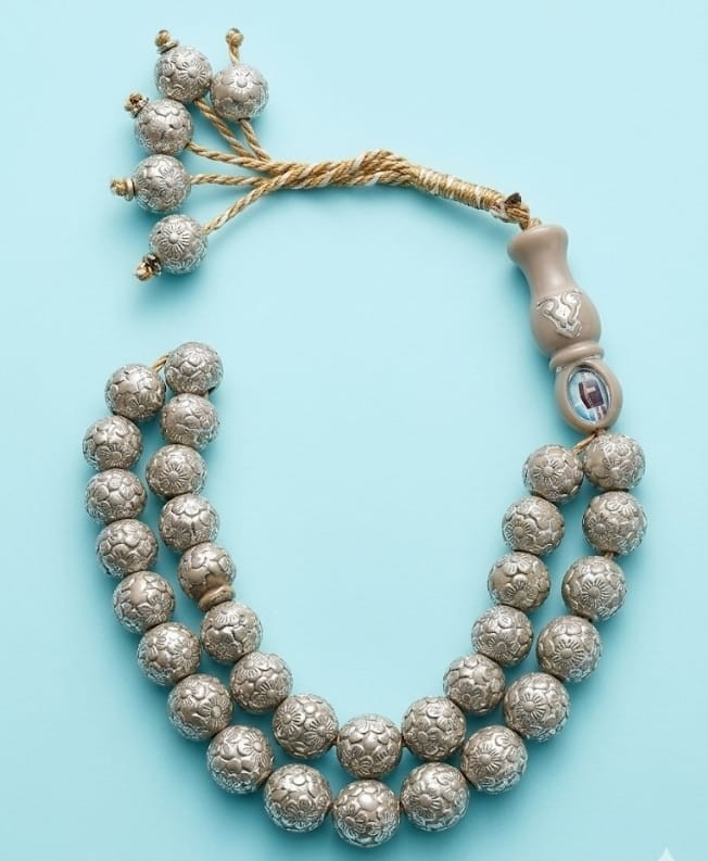 Vintage Silver Tone 33 Bead Misbaha Tasbih Floral Engraved Metal Beads