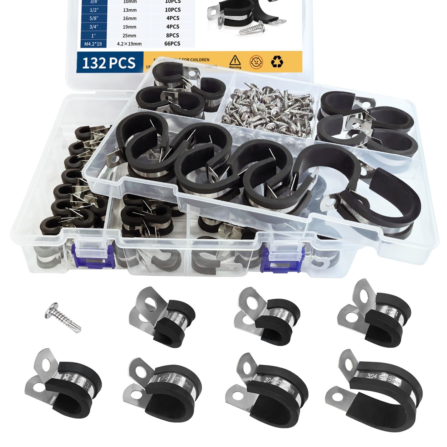 132Pcs Cable Clamps Assortment Kit, 7 Sizes Stainless Steel Pipe Clamps, Rubb...