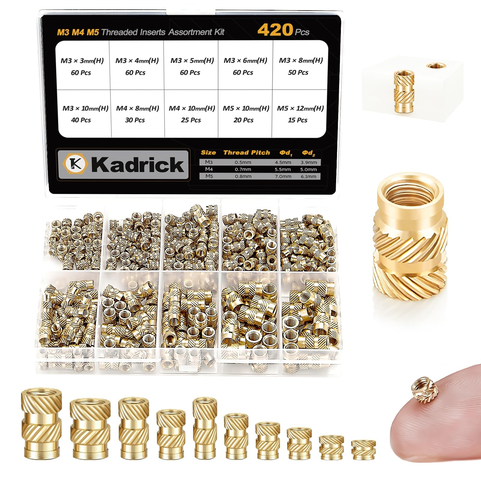 Kadrick 420Pcs M3 M4 M5 Threaded Inserts Assortment Kit M3-M5 420Pcs, yellow 