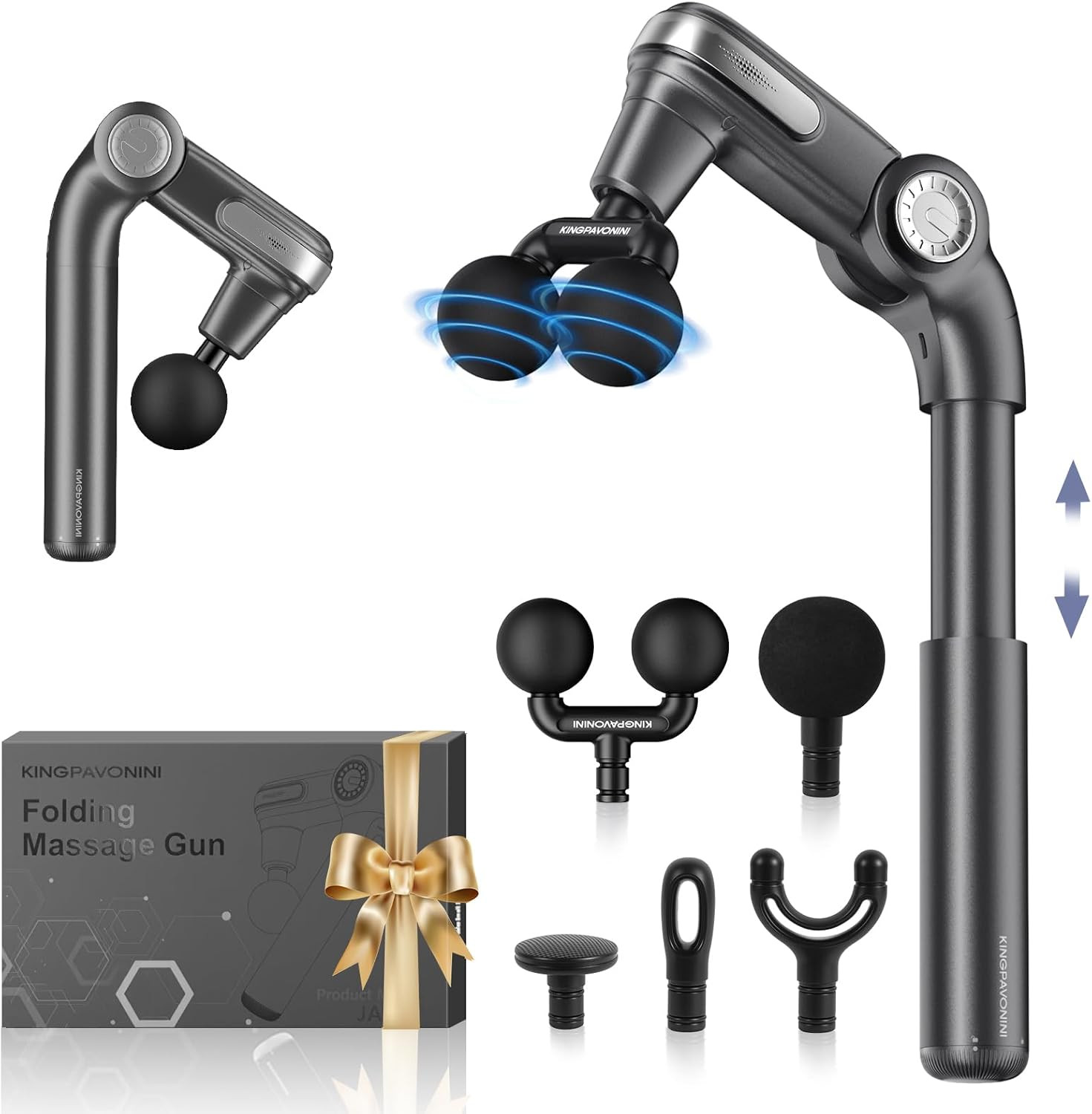 Foldable Massage Gun with Dual-Ball Head, Adjustable Head & Extendable Handle, H