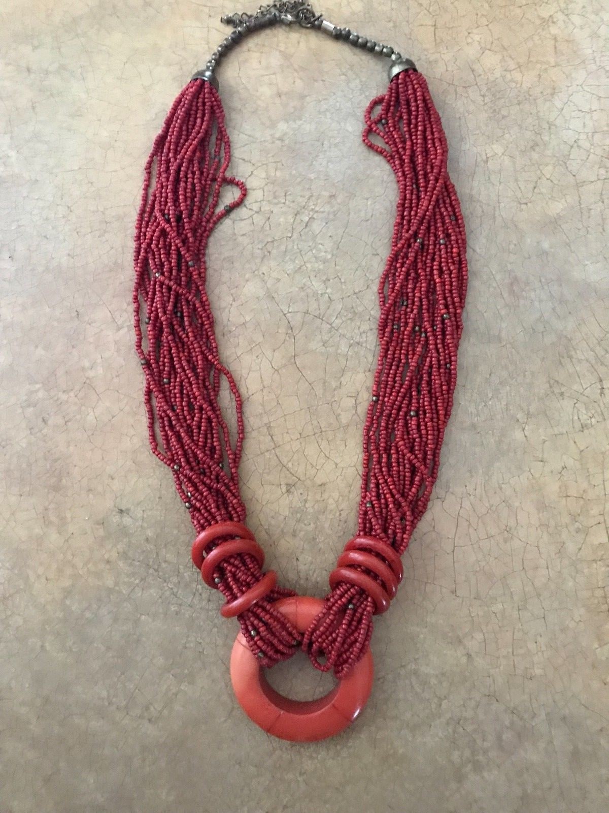 VTG Retro Coral Multi Strand Circle Center Statement Runway Necklace 24- 28"