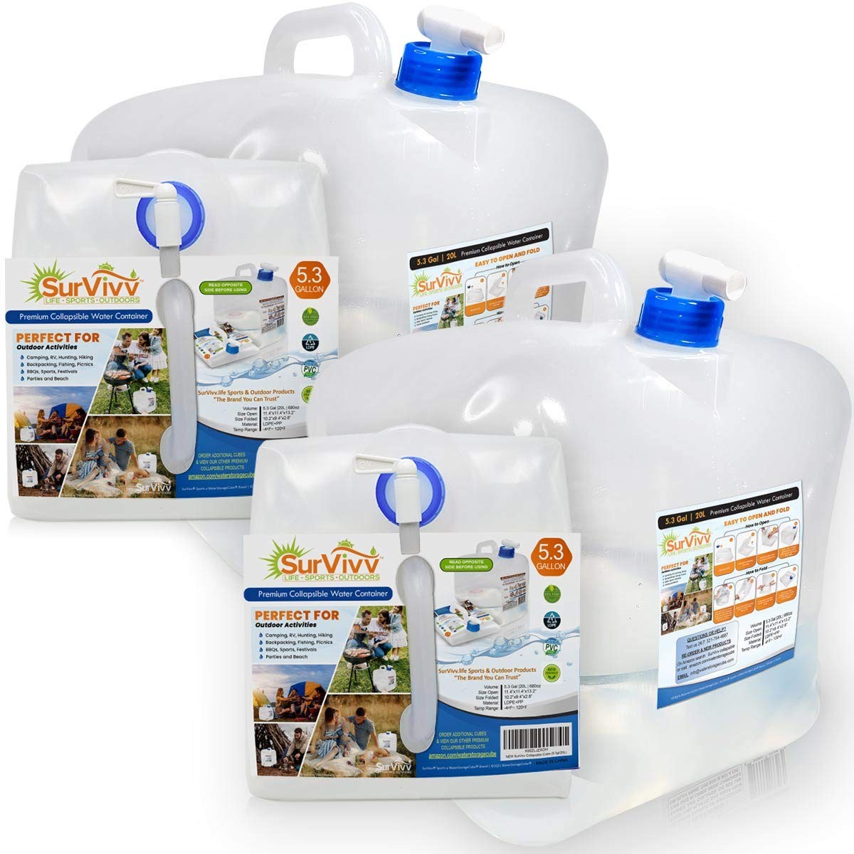 SurVivv Collapsible Water Container with Spigot, BPA 5.3Gal/20L -- 2-pack 