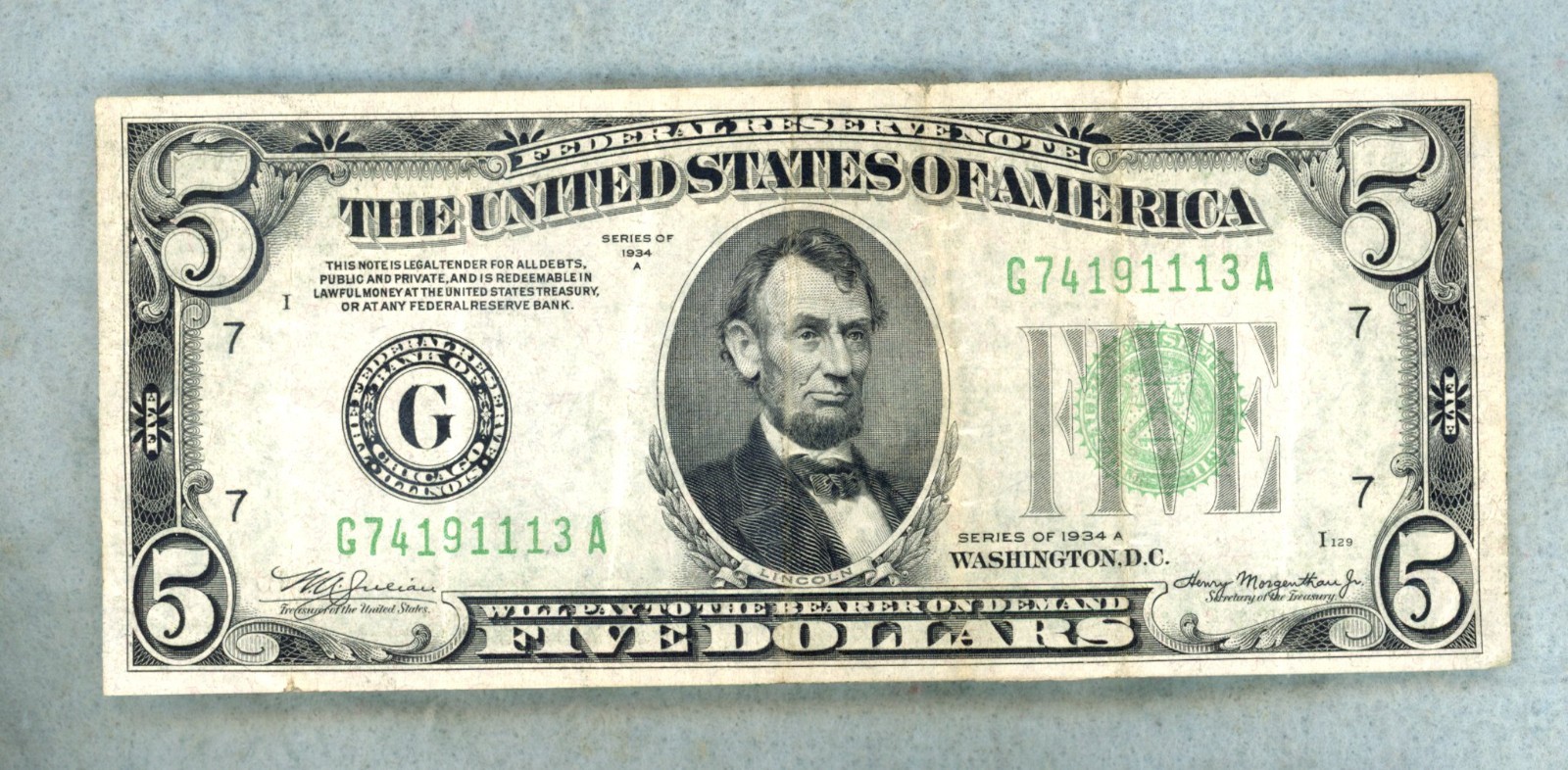 1934 A ~ $5 ~ FEDERAL RESERVE NOTE ~ VF