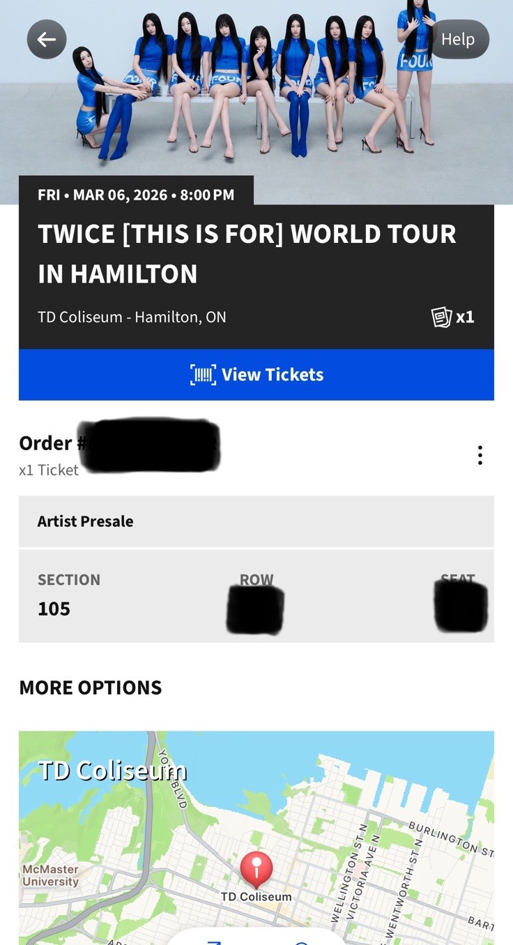 TWICE World Tour Concert Ticket Hamilton TD Coliseum 105 March 6 2026 8PM