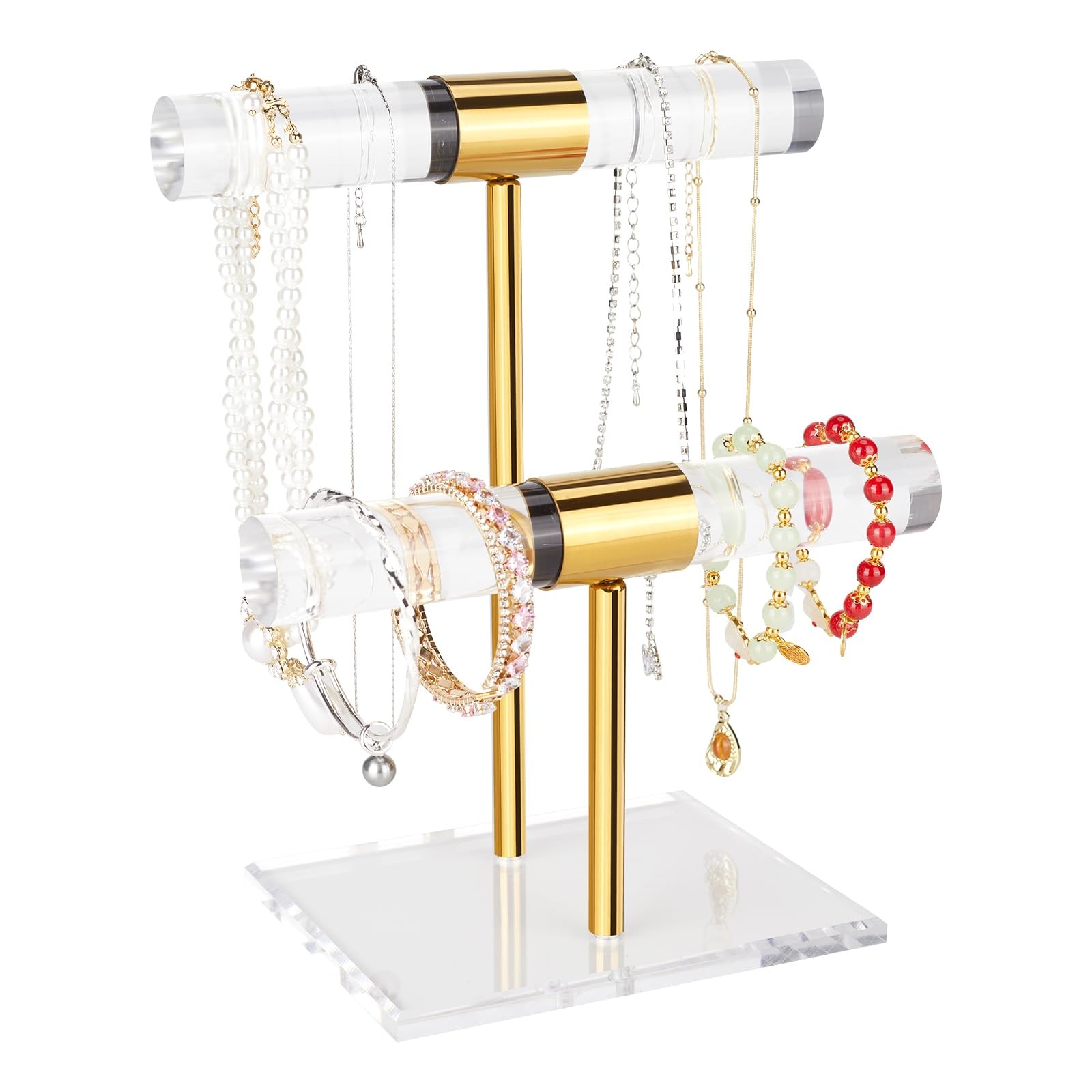 Necklace Holder Bracelet Holder, 2-Tier Acrylic Jewelry Display Stand Gold Je...