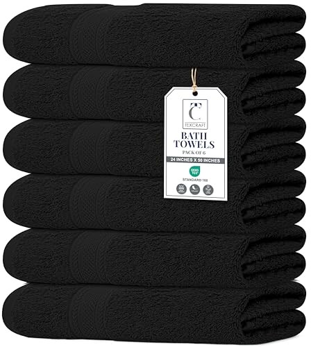 Large Bath Towels Set of 6 – 100% Cotton Terry – 24" x 50" 24"x50" - PK 6 Black