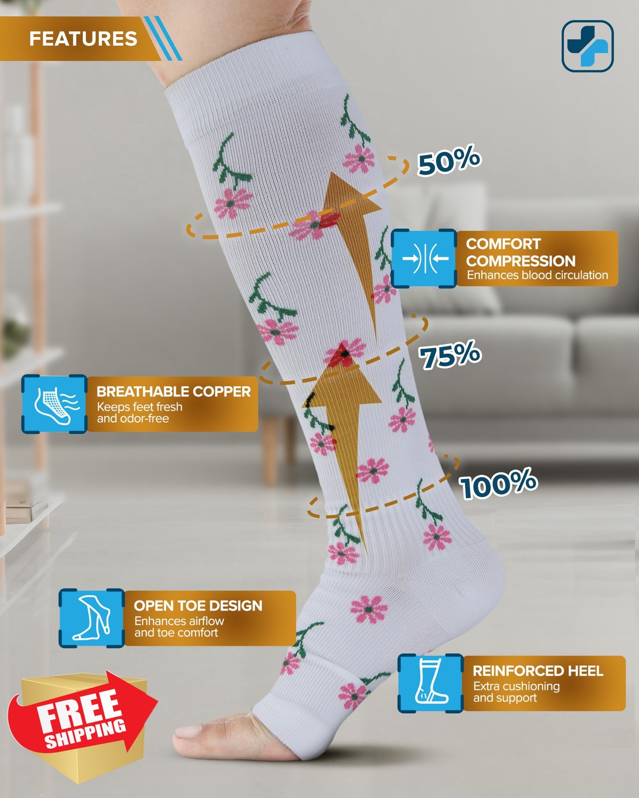 Doctor's Select 3 Pair Copper Compression Socks - Open Toe, 20-30 mmHg, Knee ...