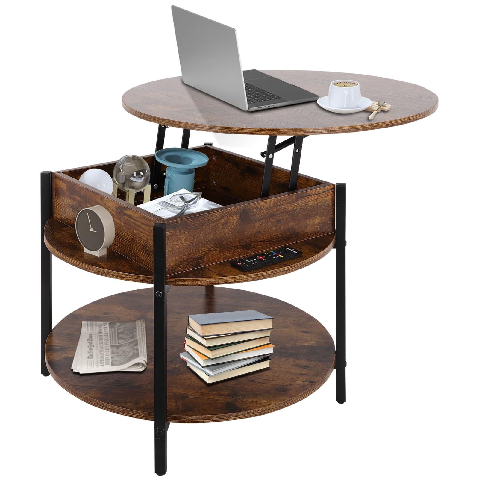 26.8" Round Lift Top Coffee Table with Storage, 2 Tier Space-Saving Circle Table