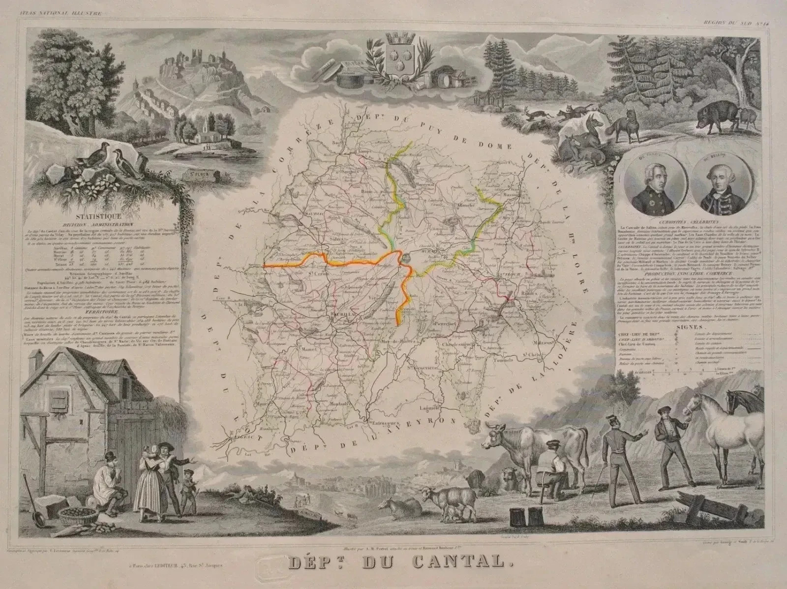 Victor LEVASSEUR: Antique Map Of Cantal + Boundaries, Original ENGRAVING