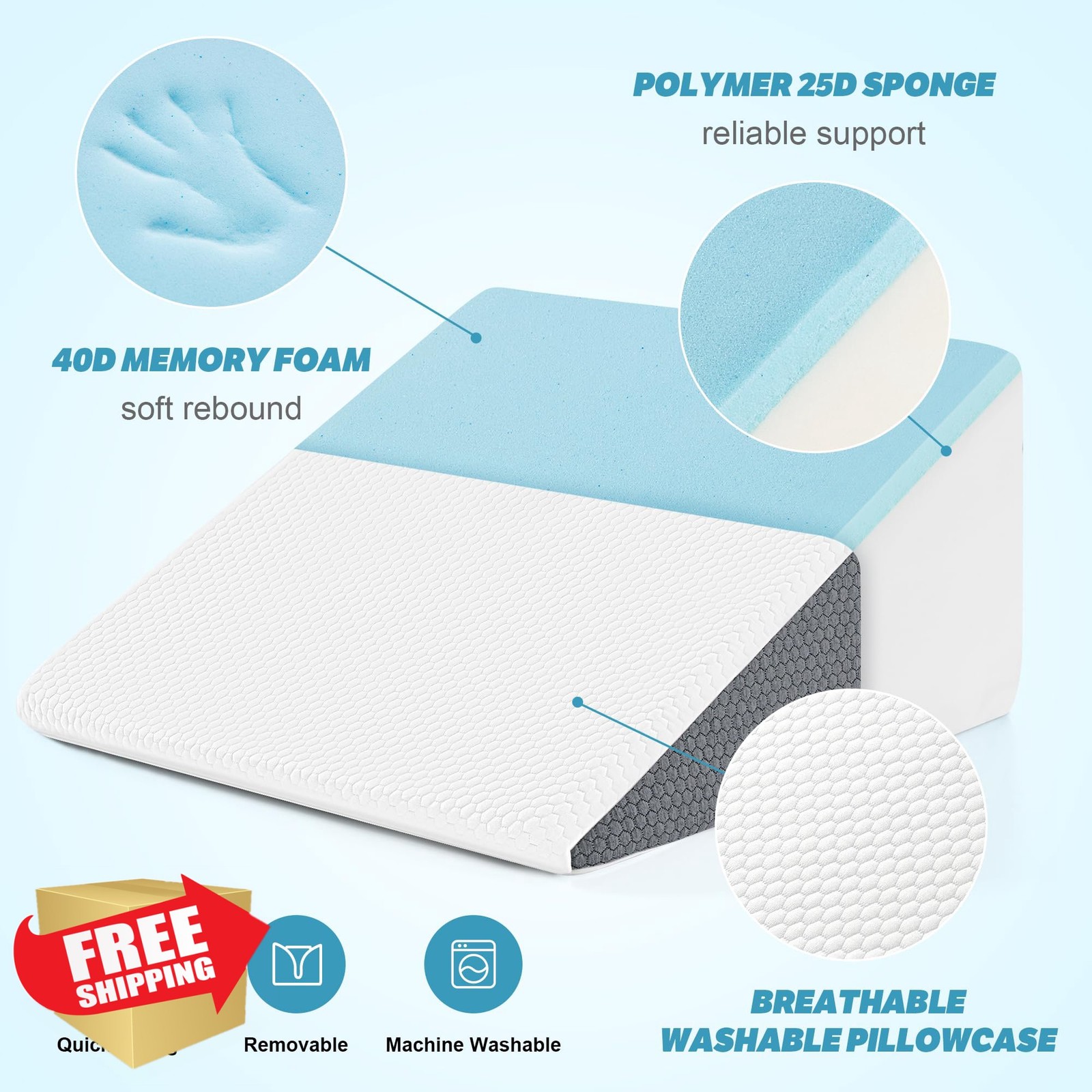 Yojoker Bed Wedge Pillow White Grey 24x24x7.5", Memory Foam GERD Acid Reflux