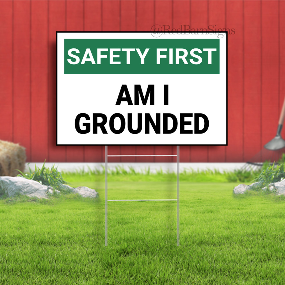 Am I Grounded Safety First Indoor Outdoor Yard Sign with metal stakes