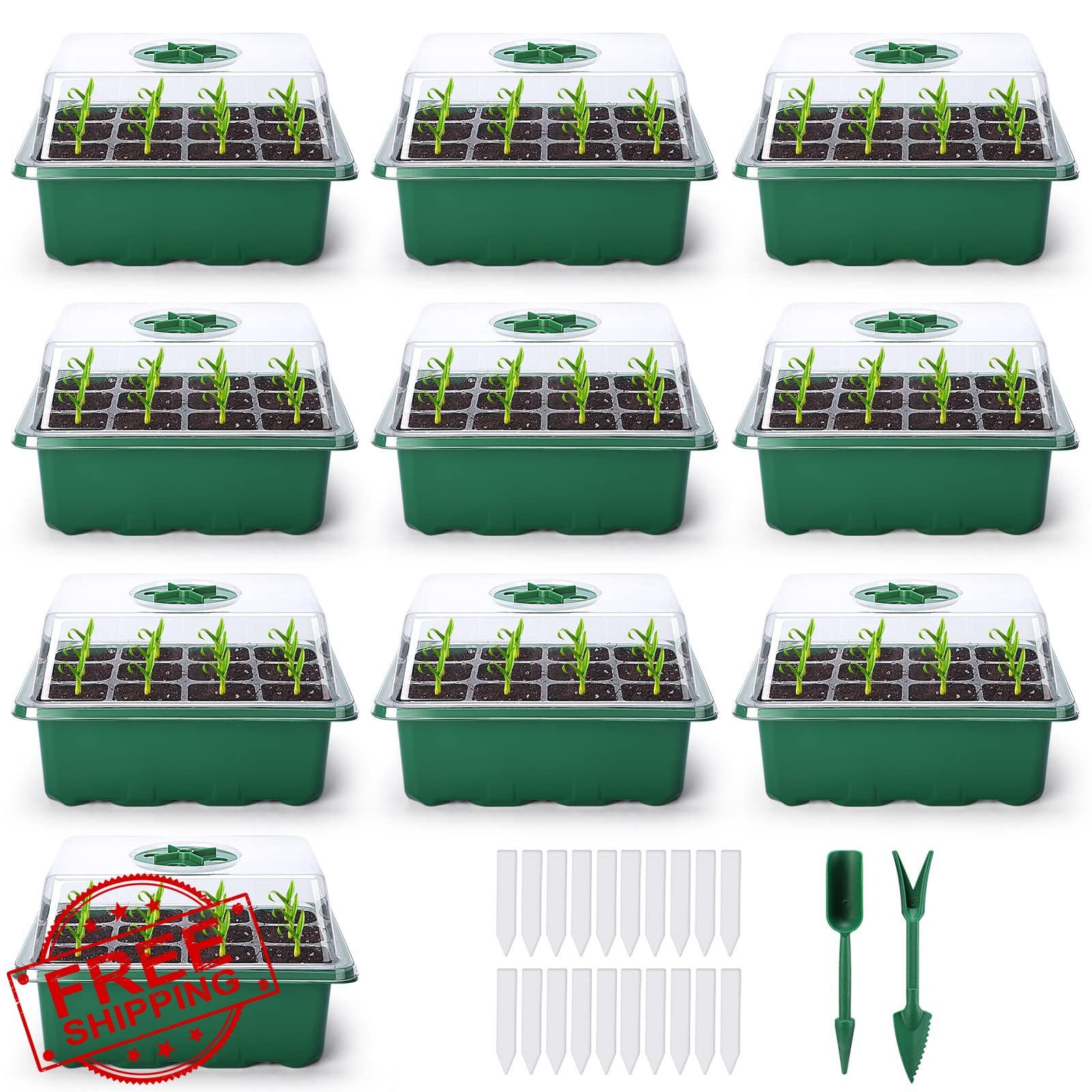 Delxo 10-Pack Seed Starter Tray 12 Cells w/ Humidity Dome