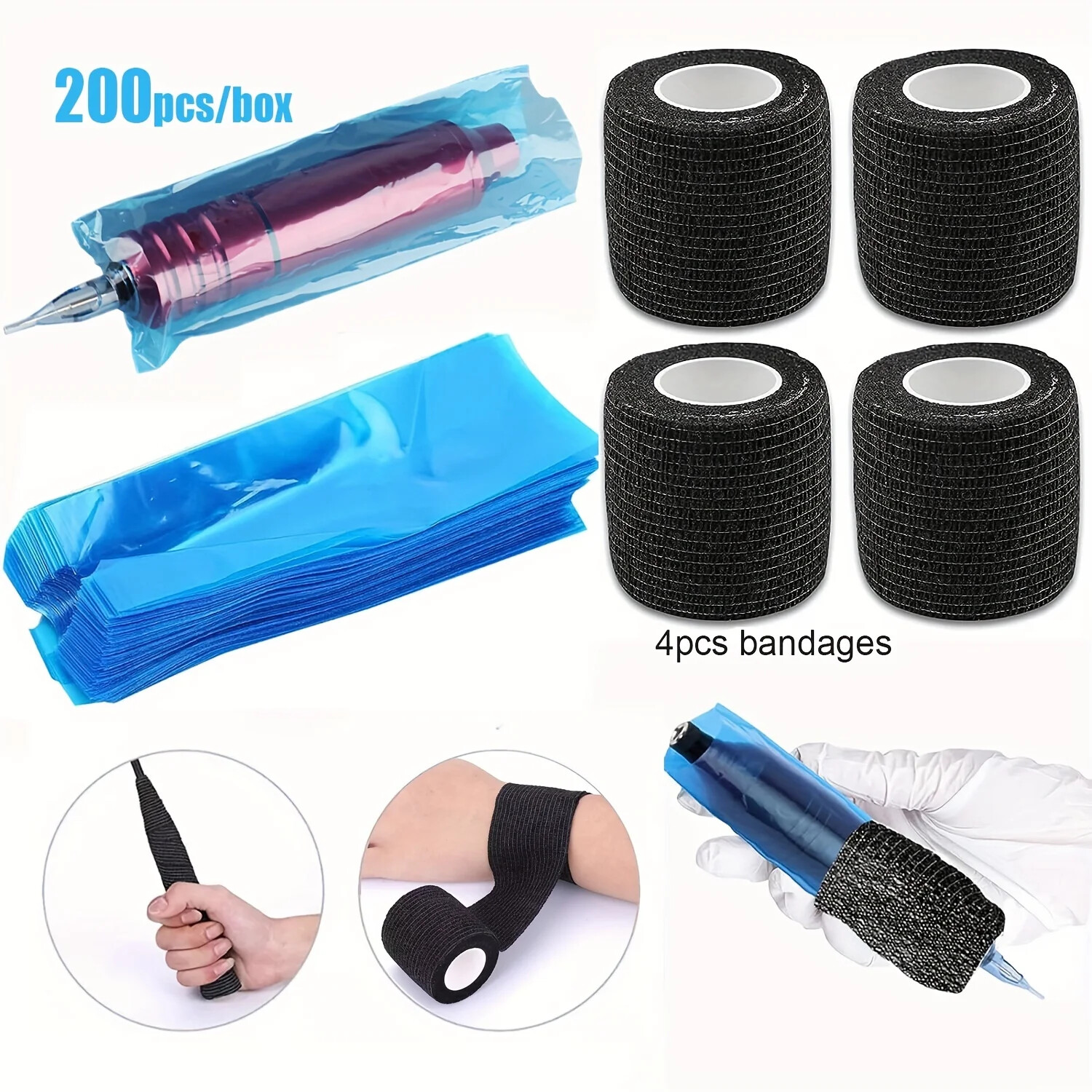 Tattoo cover and grip tape set, 200pcs of blue tattoo pen case bag and 4pcs tape
