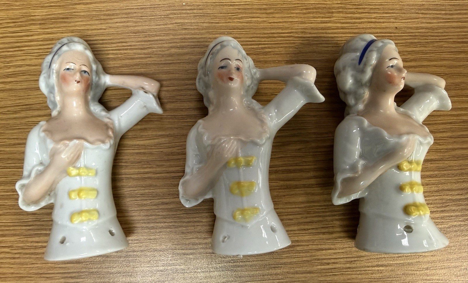 3 Antique German Porcelain Half Doll/ Pin Cushion Doll 3.75” Marked Germany 8030