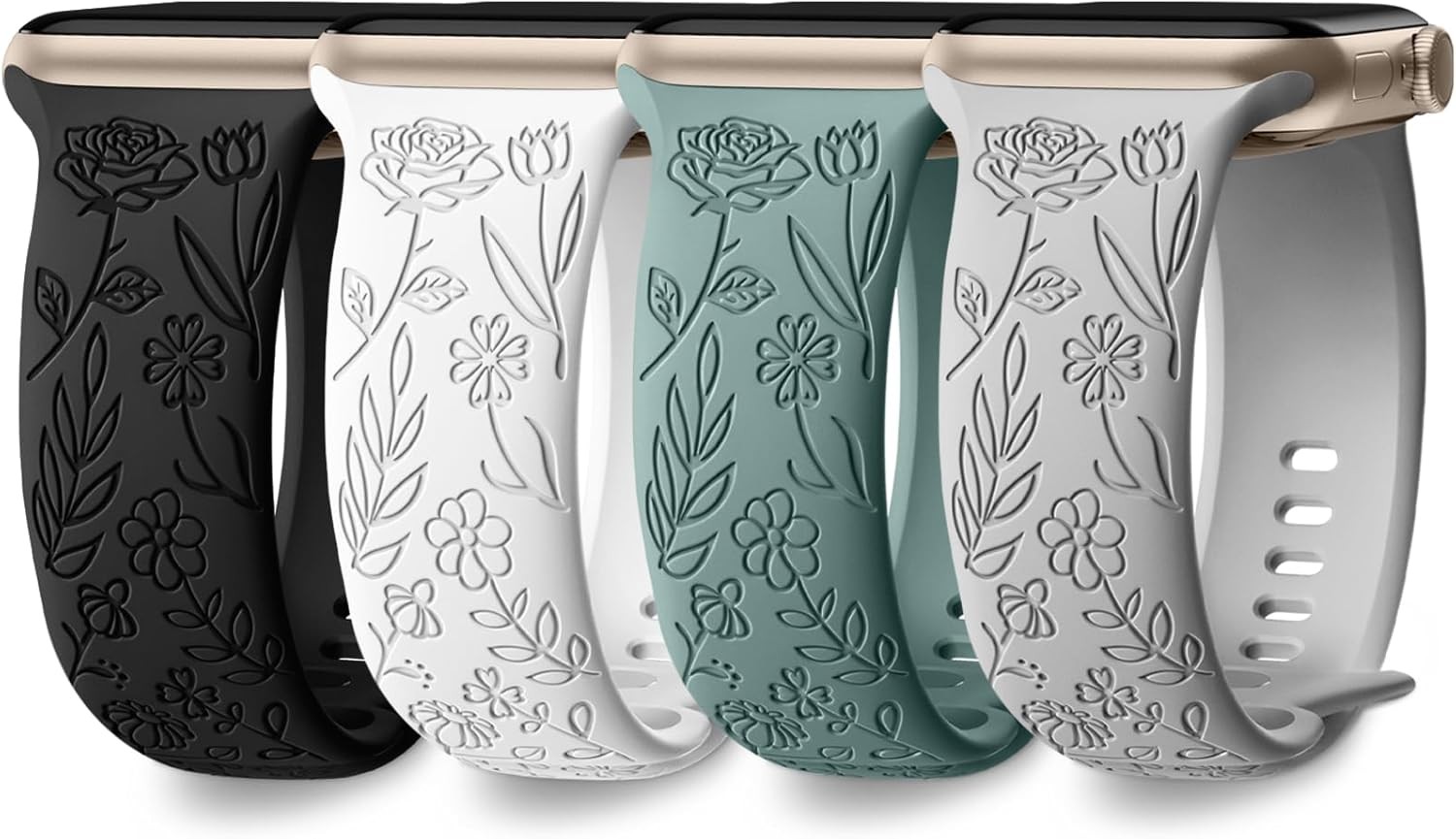 4 Pack Floral Engraved Silicone Strap Compatible with Apple Watch 40mm 41mm