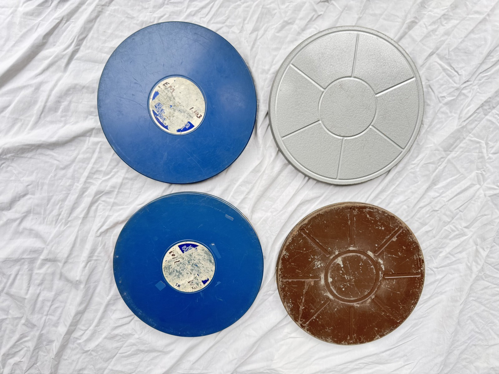 4 - 16mm Film Reel Cans 1400 ft 13.75" inch diameter 2 metal-2 plastic