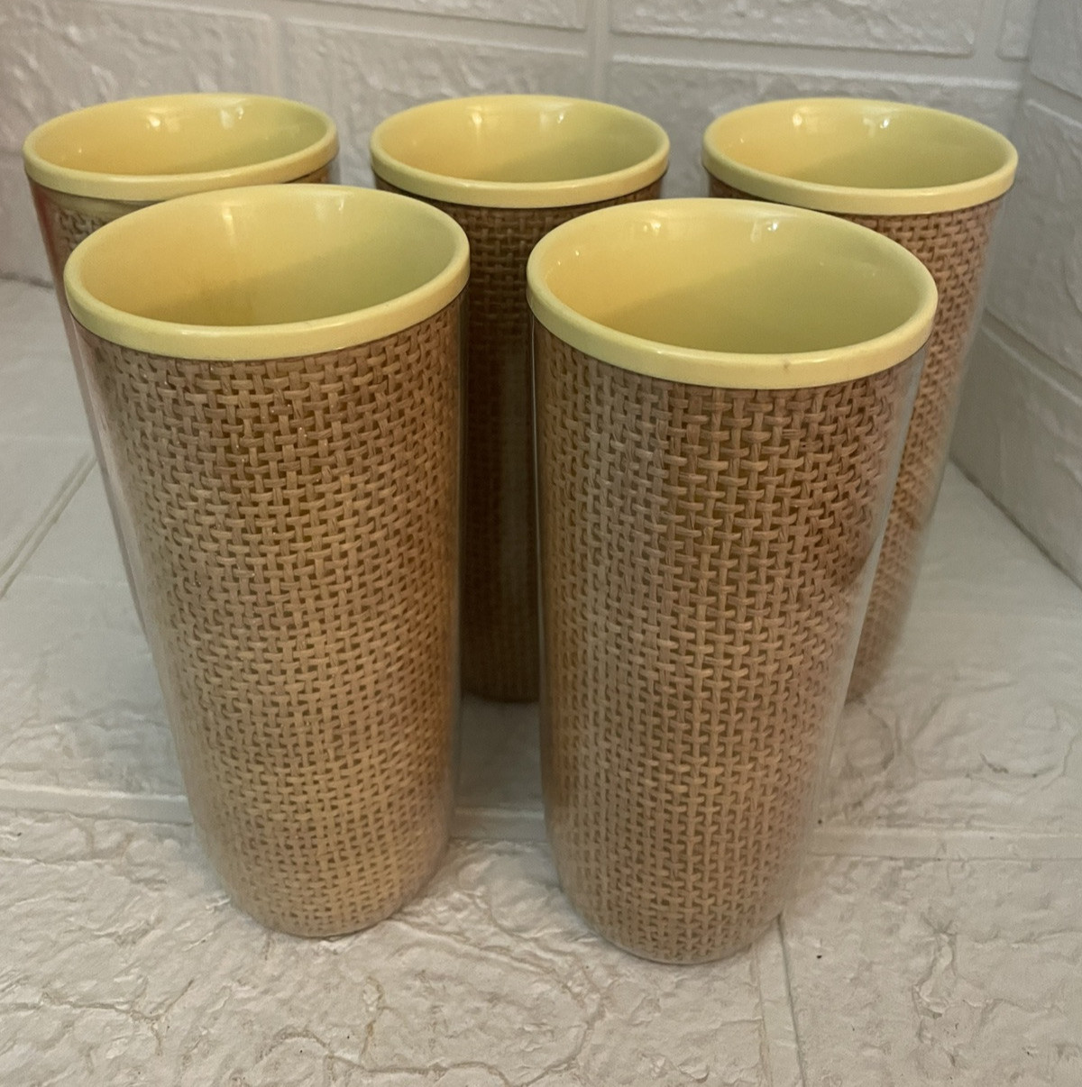 Vtg Rattan Yellow Tumblers 5 Plastic Cups 6" Raffia Wicker Insulated Boho MCM