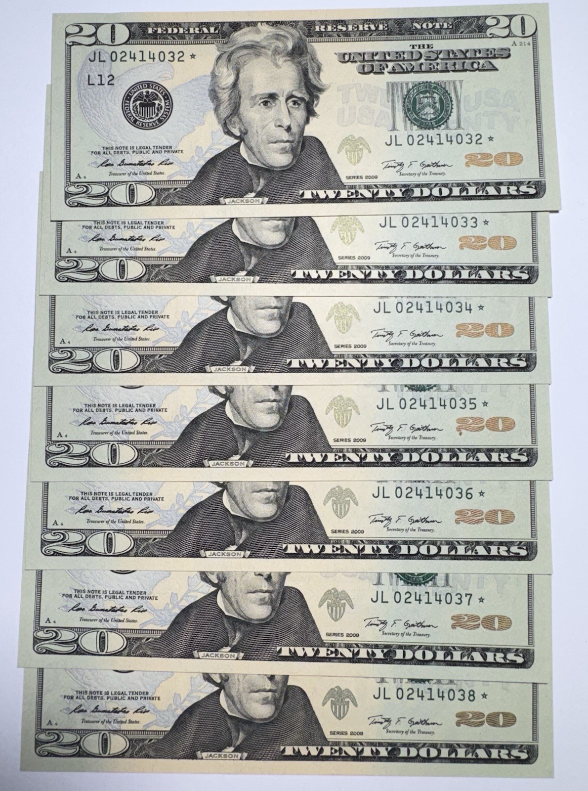 7 Consecutive 2009 $20 Federal Reserve Star Note San Francisco UNC