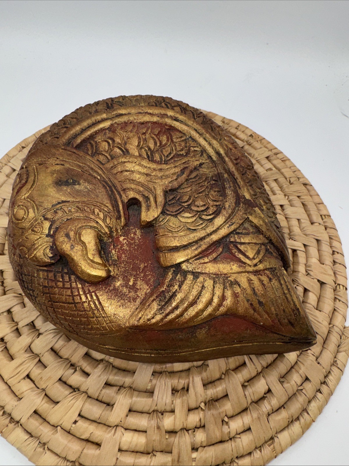 Ornate Carved Gold And Red Asian Wood Trinket Box With Fish Carving