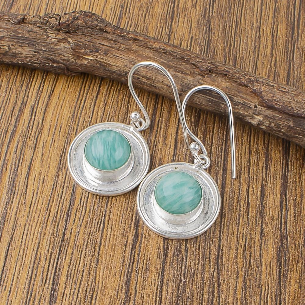 Round Genuine Amazonite Bezel Set Sister Anniversary Dainty Earrings 925 Silver