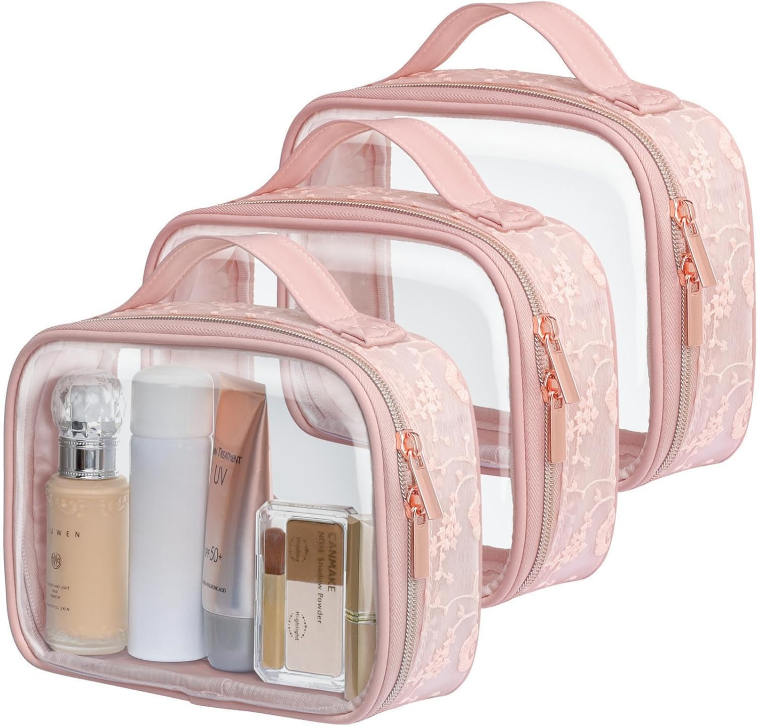 TSA Approved Toiletry Bag - Floral Texture Lace Clear Makeup Bags with Handle, C