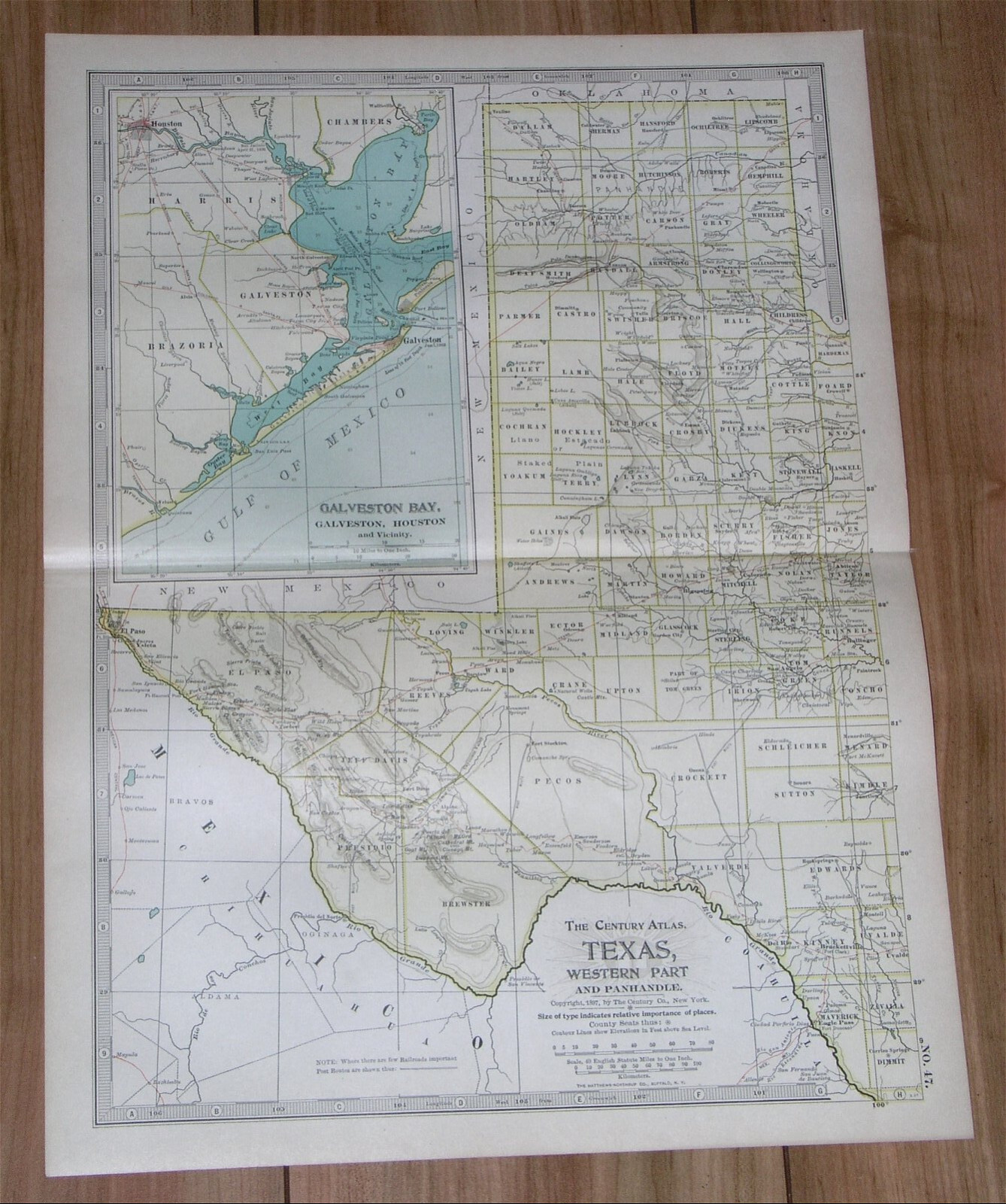 1897 ANTIQUE DATED MAP OF WESTERN PART OF TEXAS / GALVESTON HOUSTON INSET MAP