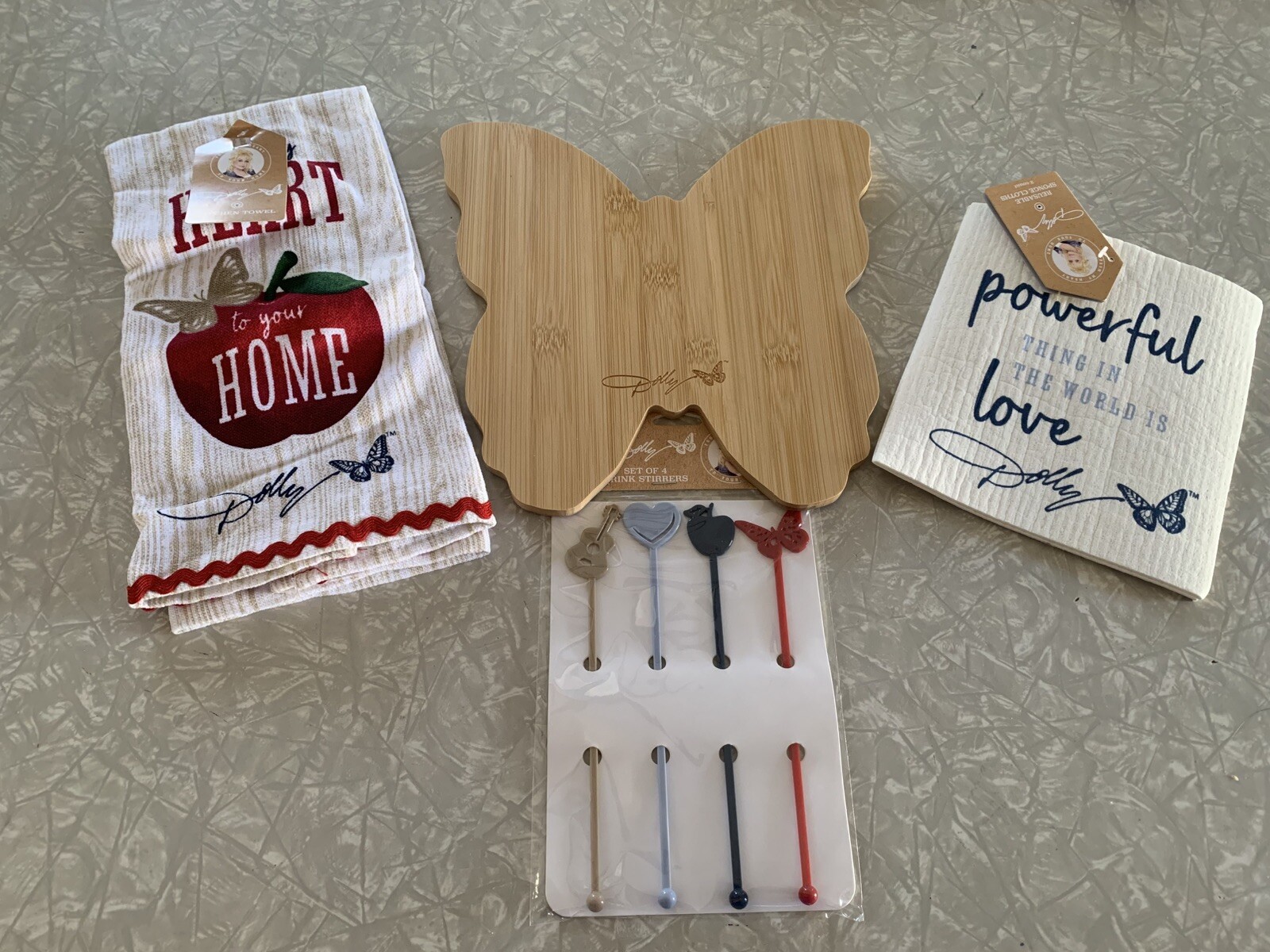 Dolly Parton Dollar Gen Kitchen Lot Charcuterie Board, Towel, Stirrers, Sponge