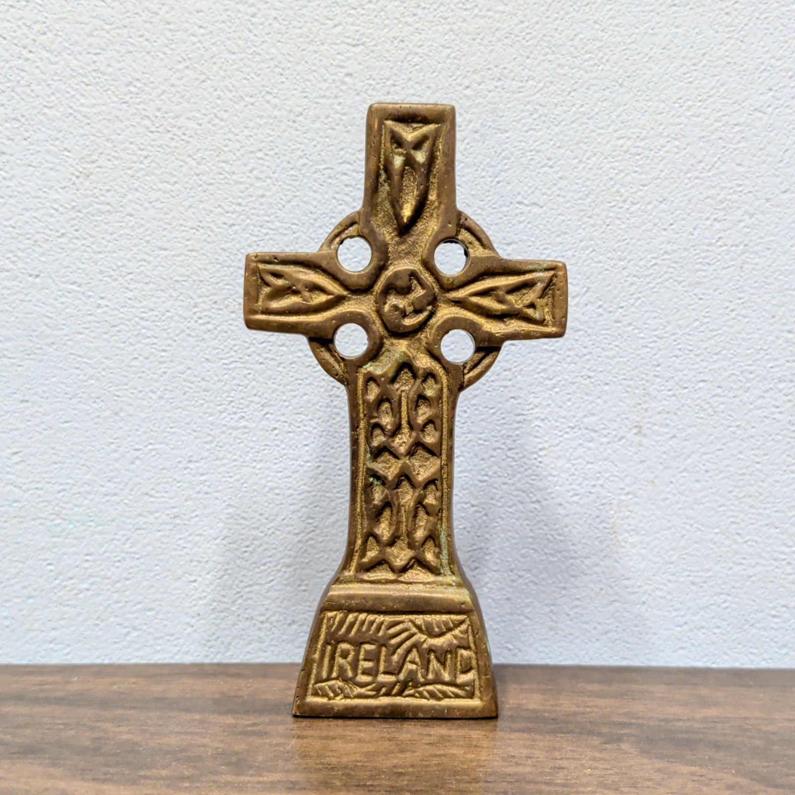 Vintage Irish Brass Celtic Cross 4" Paperweight Knotwork Souvenir Ireland Figure