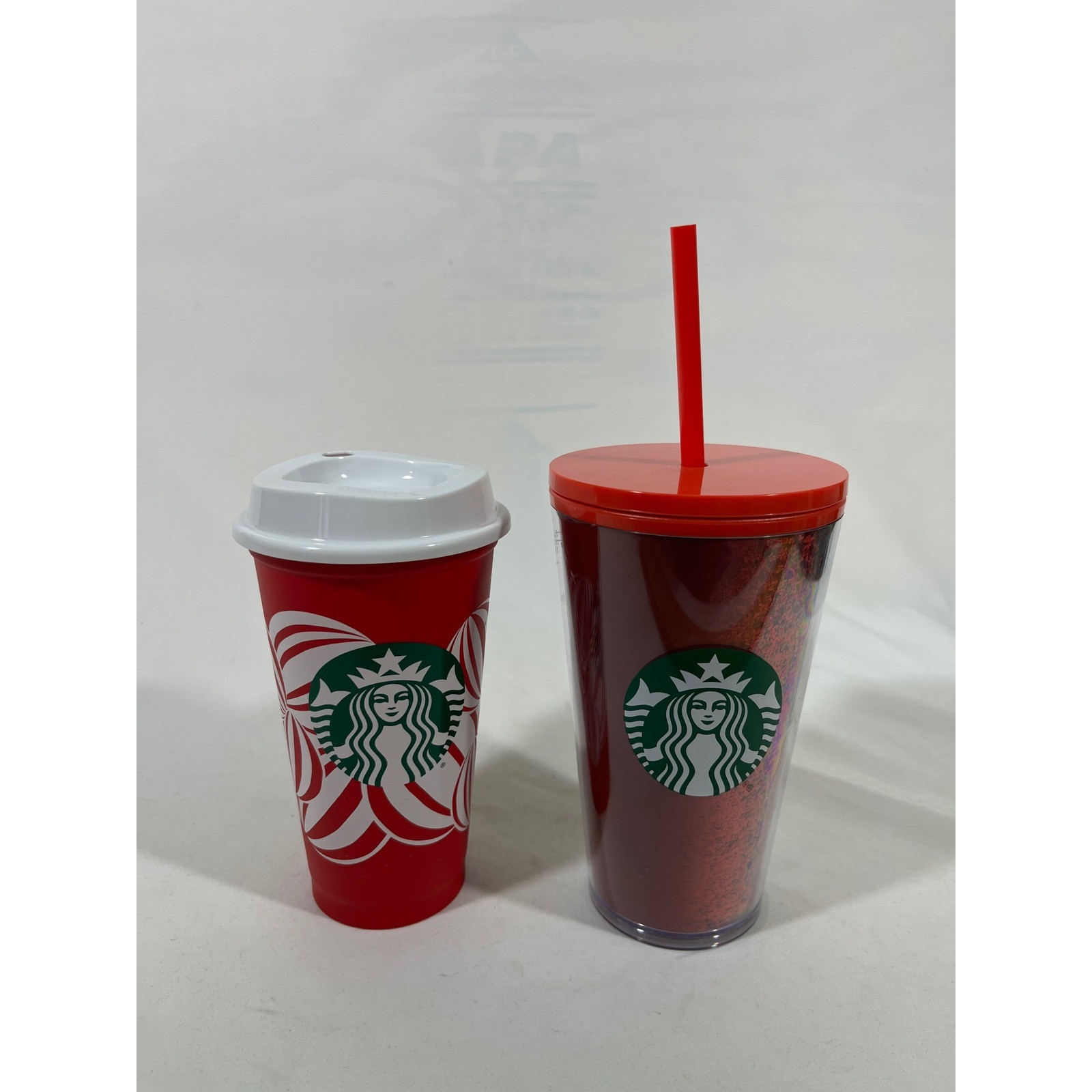 Starbucks Holiday Reusable Cup Set Red Glitter Tumbler 16oz Hot Cold 2 Piece Set