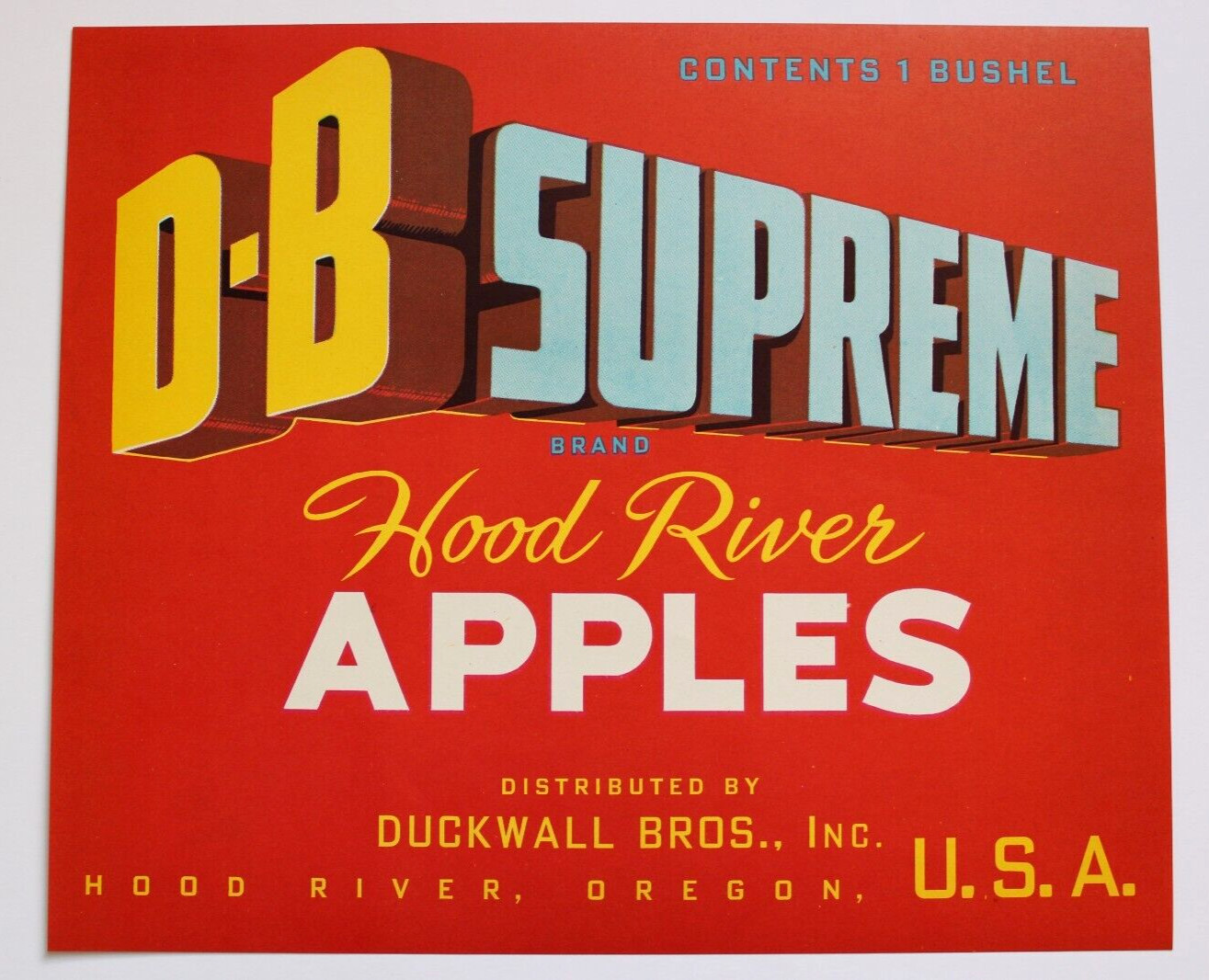 Original D-B SUPREME apple crate label Hood River Oregon Duckwall Bros Inc red