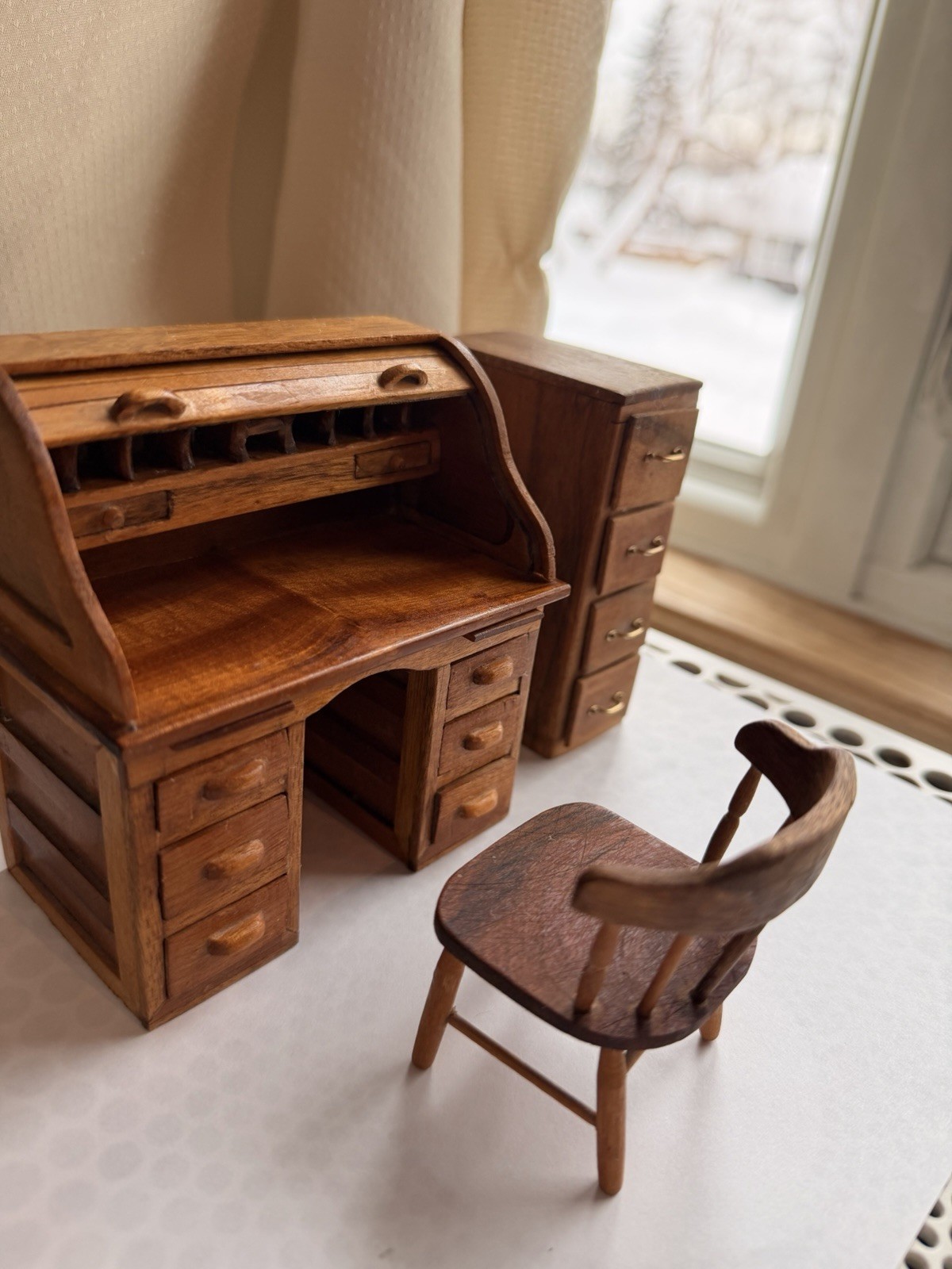 Antique Maniature Roll - Top Desk With chair And Drawers  Mid 20s 1940-70s