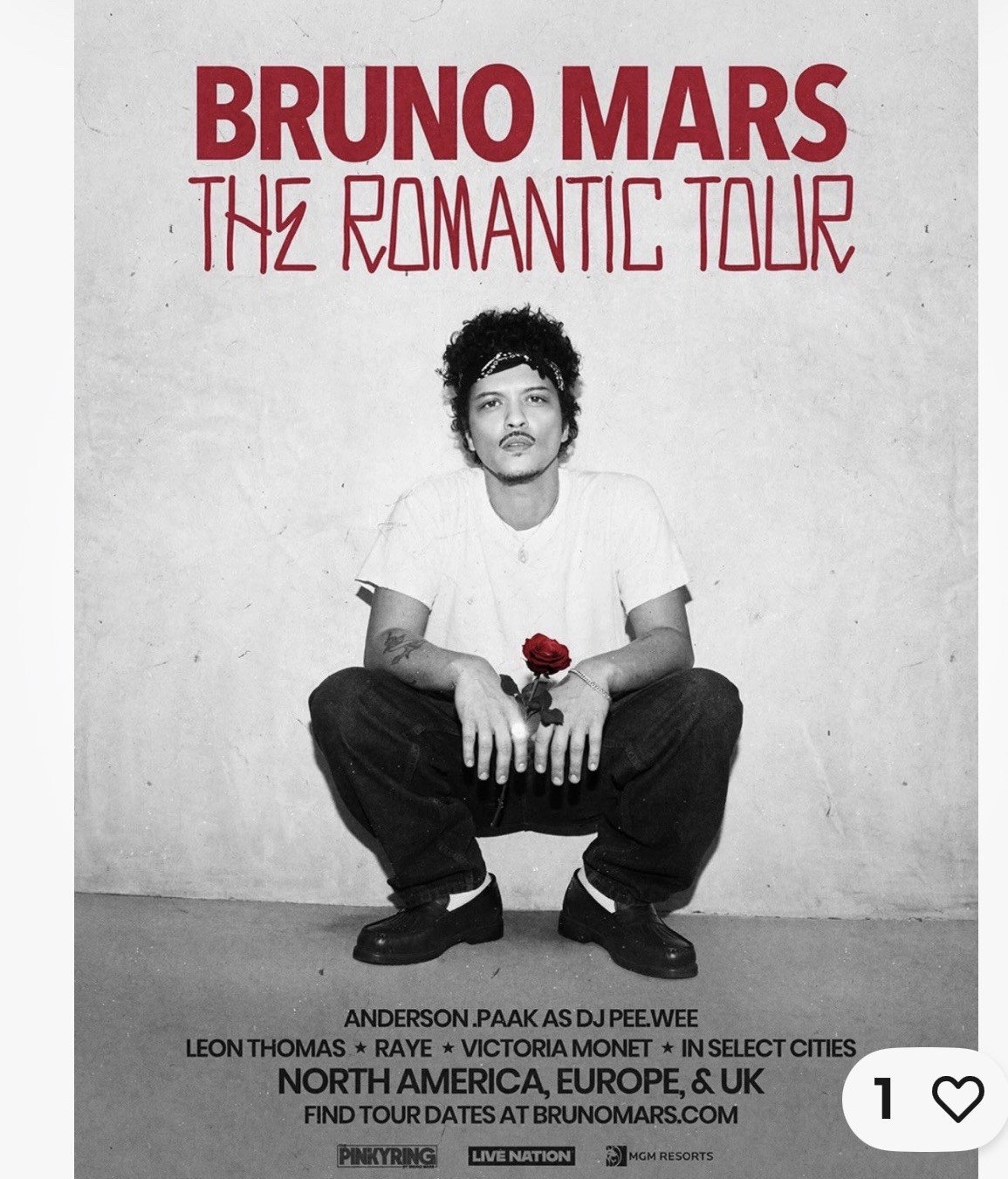 Bruno Mars Concert Ticket Metlife Stadium New Jersey- August 25th 2026 ONE
