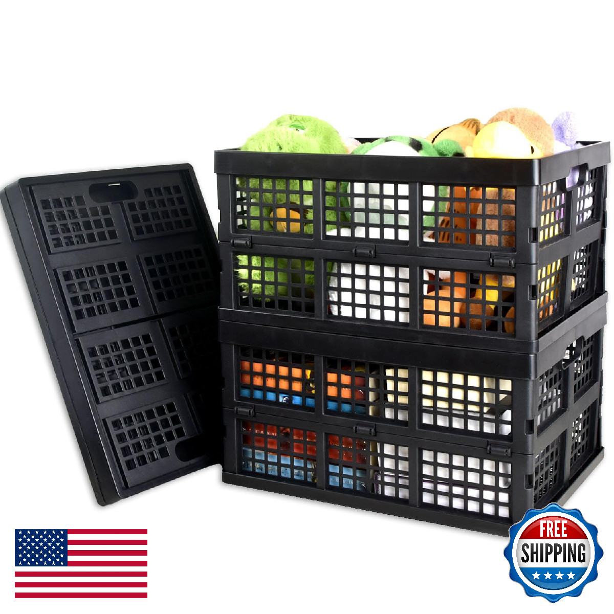 CONLI 3-Pack 34L Large Plastic Folding Storage Crates - Collapsible Bins