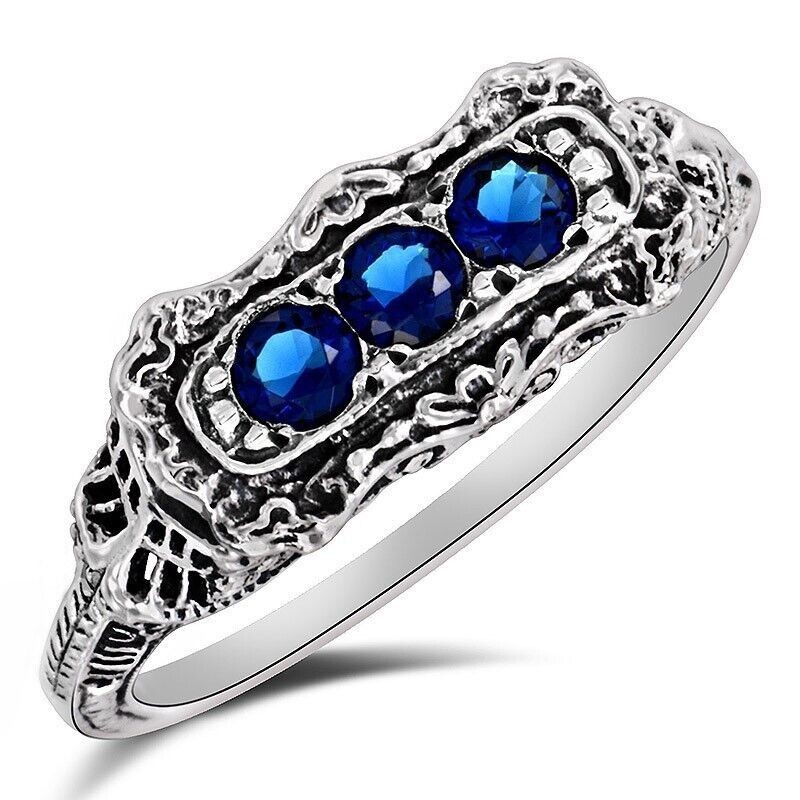 Treated Blue Sapphire 925 Sterling Silver Nouveau Ring Sz 6 XB3-9