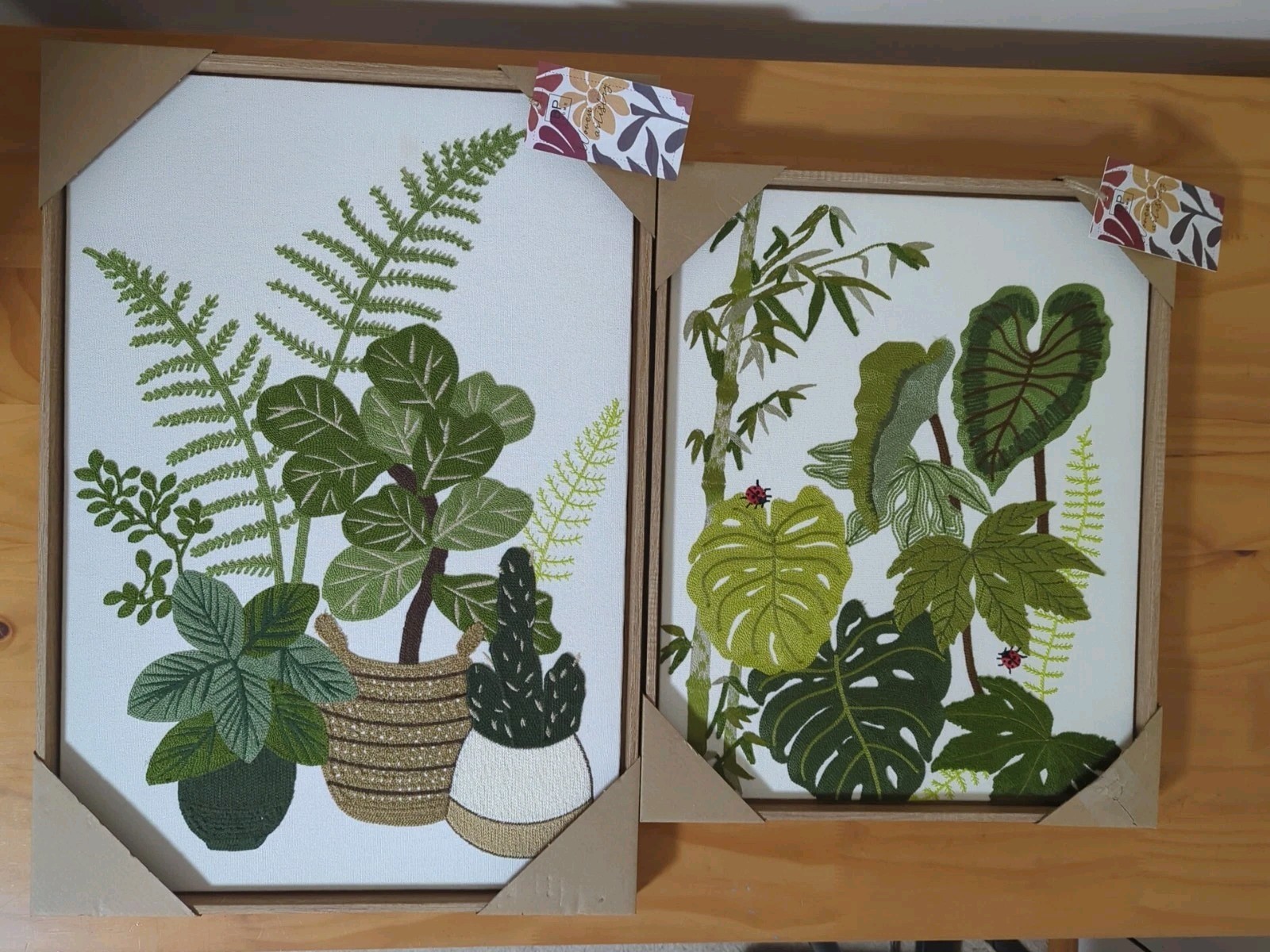 New 2pc Set Woven Embroidered Floral Canvas Wall Art Framed 26 x 18, 20 x 16 NWT