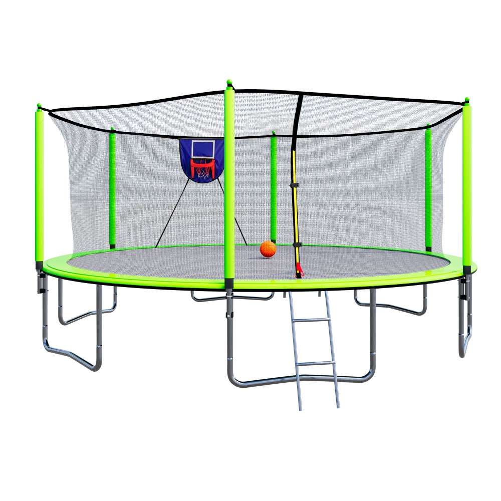 15FT Trampoline w/ Basketball Hoop, Safety Net, Ladder, Pole Sleeves - Green