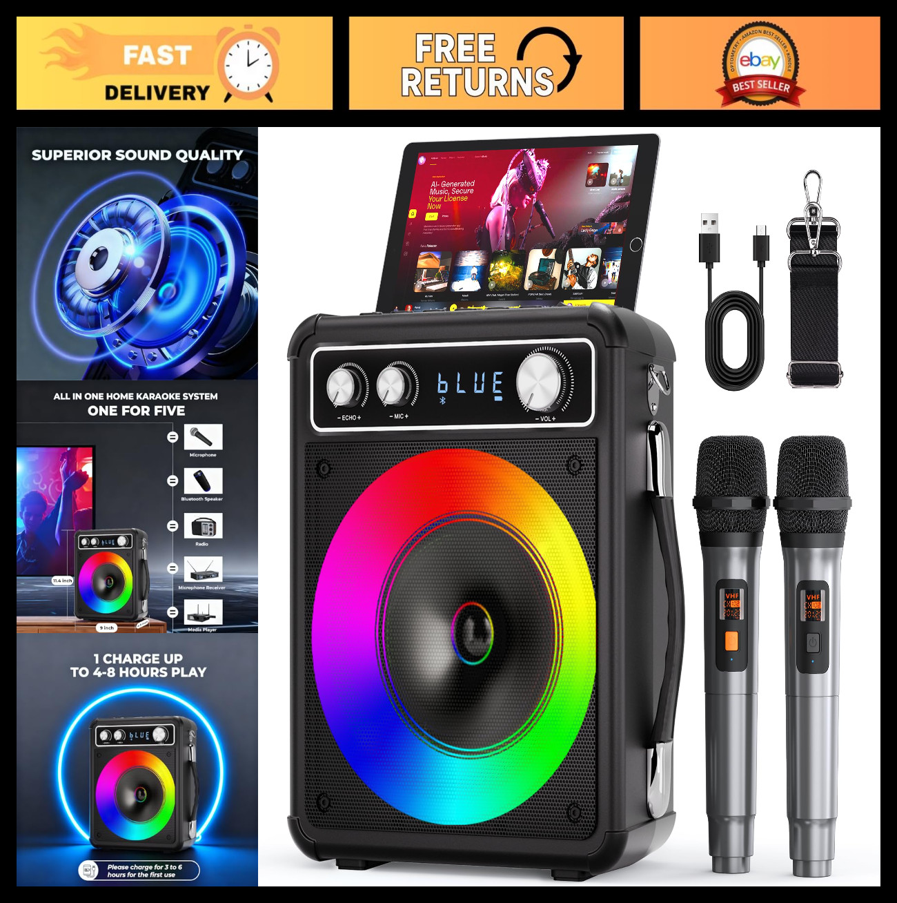 Portable Bluetooth Karaoke Machine with 2 Wireless Mics, LED Lights, Echo, PA Sy