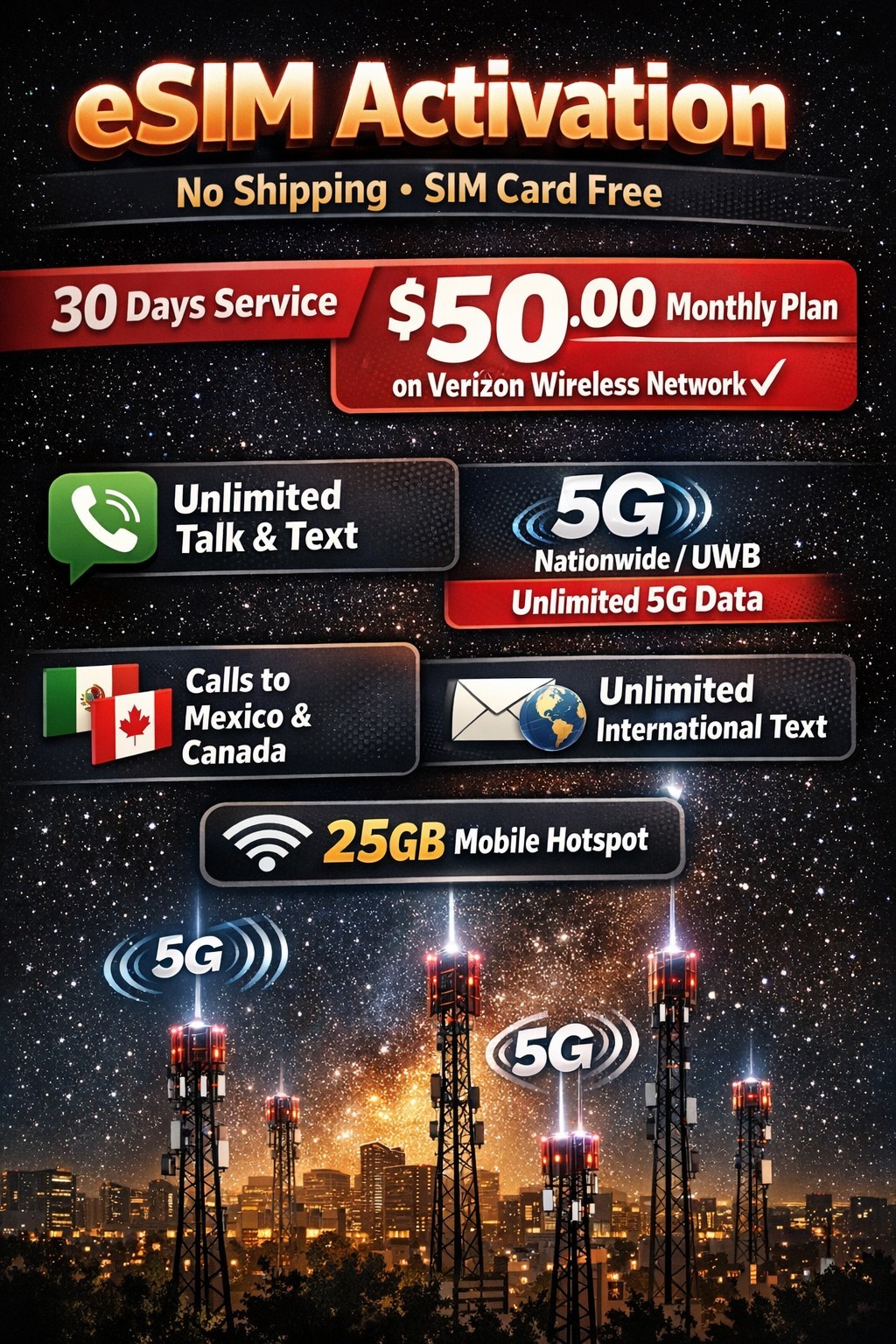 VERIZON 😃 ESIM  ACTIVATION ✅ $50 UNLIMITED MONTH INCLUDED  ✅ NO SHIPPING