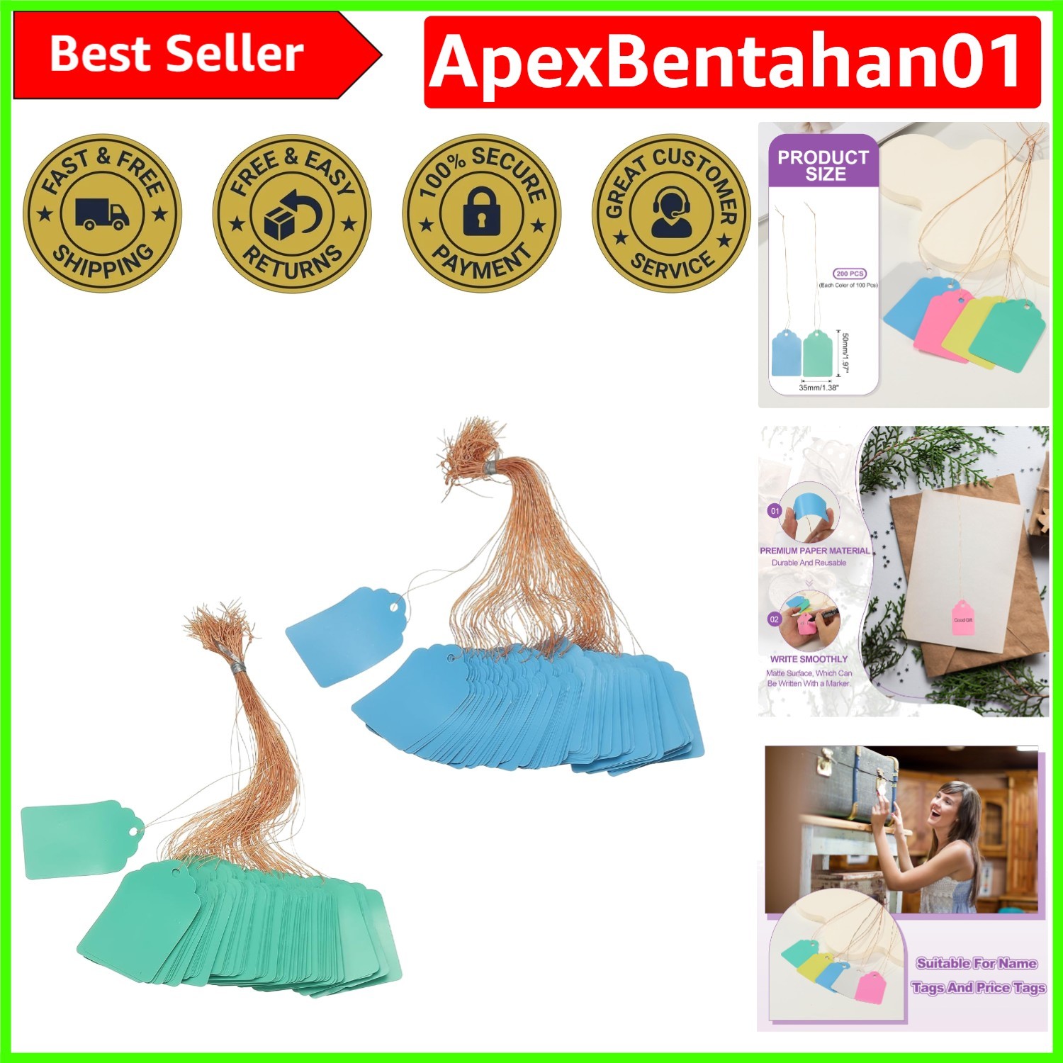 Versatile 200-Pack Blue Green Price Tags with Durable String - Waterproof Labels