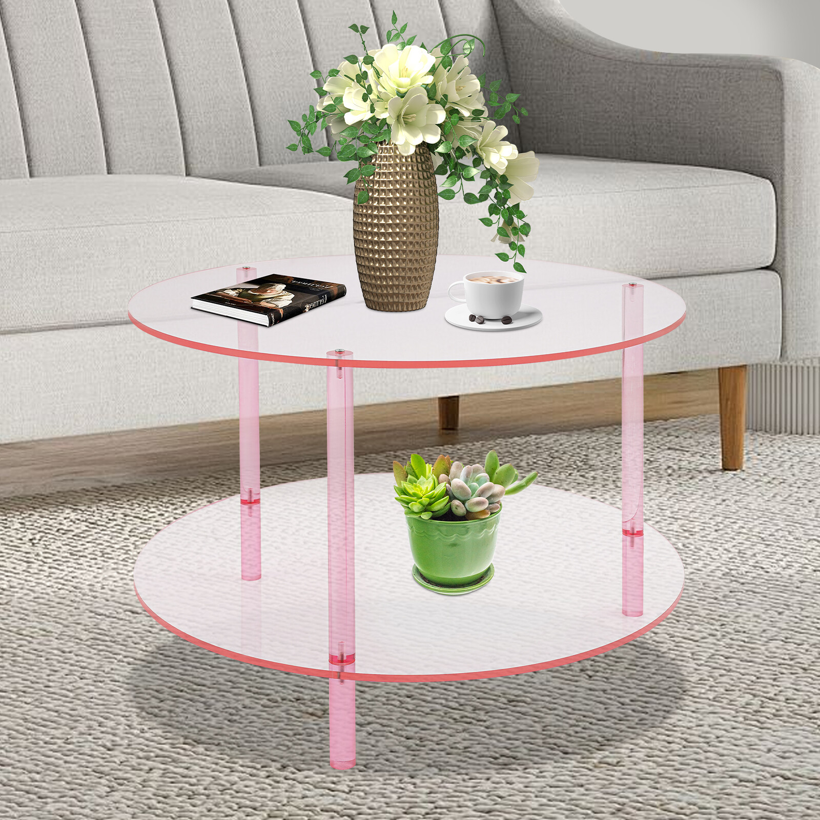Modern Round Pink Acrylic Coffee Table, Modern Coffee Table, 2-tier Coffee Table