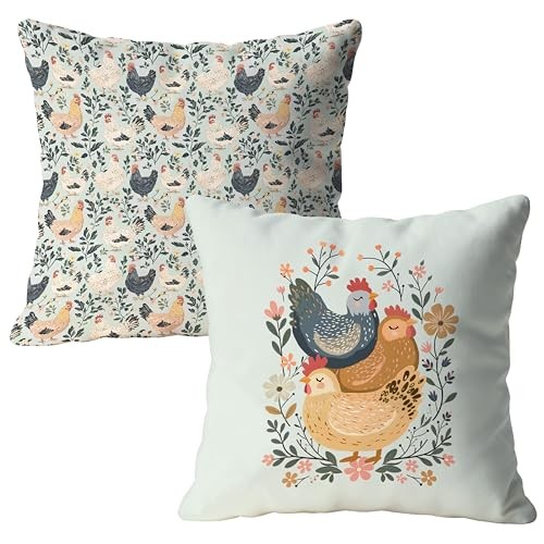 Rustic Floral Chicken Pillow Covers 18x18, Chicken Lover Lady Mom Color-2