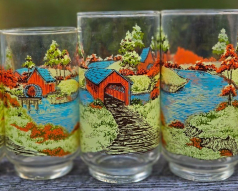 Vintage libbey glasses Covered Bridge Water Wheel Lake Country Scene retro x5