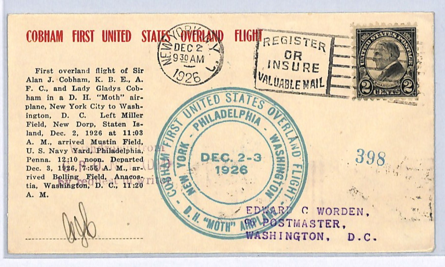 USA Air Mail Card 1926 *COBHAM* Signed FIRST FLIGHT New York Washington DC WZ202