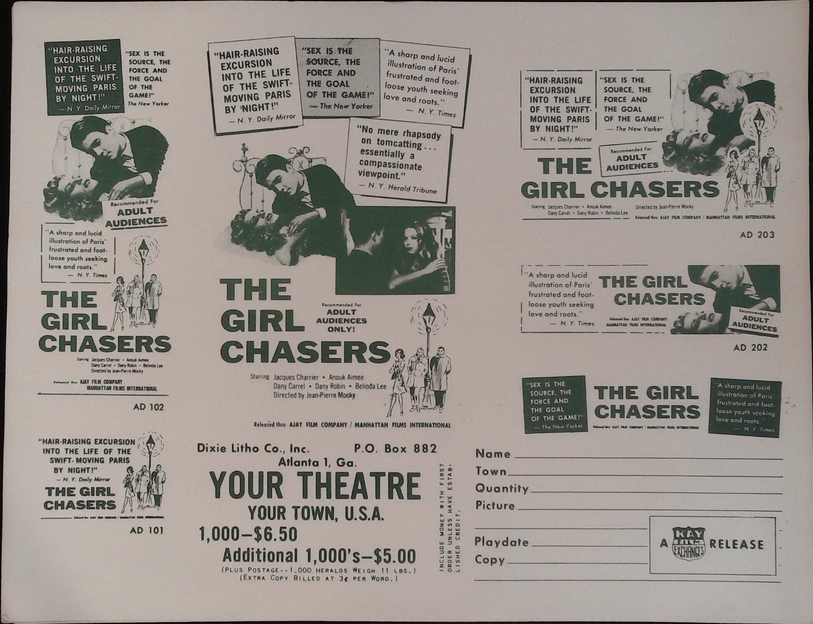 The Girl Chasers Local Theater Herald 1959 Jacques Charrier, Charles Aznavour!